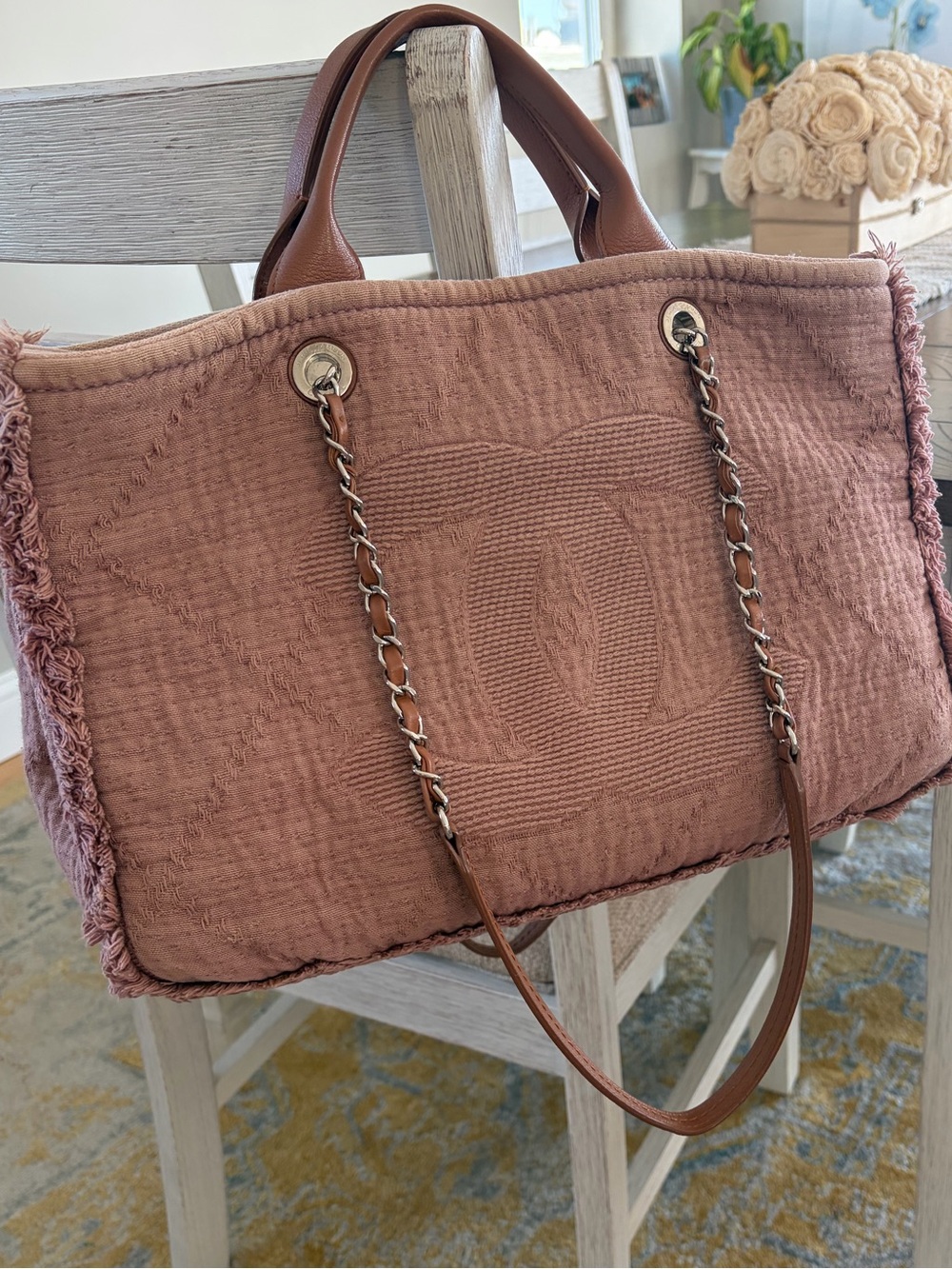 CHANEL Double Face Deauville Fringe Quilted Canvas Medium Tote Bag in Dusty Rose